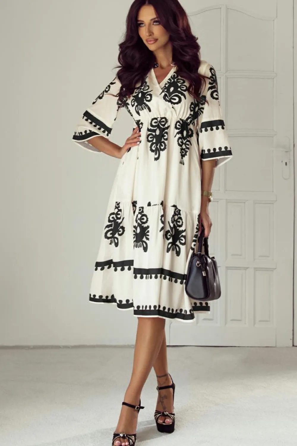 Fashion Dear-Lover Western Geometric Print 3/4 Sleeve Loose Midi Dress Beige