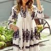 Hot Dear-Lover Western Pattern Print Tasseled Notch V Neck Mini Dress Beige