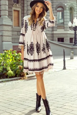 Hot Dear-Lover Western Pattern Print Tasseled Notch V Neck Mini Dress Beige