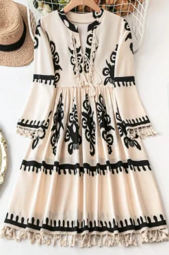 Hot Dear-Lover Western Pattern Print Tasseled Notch V Neck Mini Dress Beige
