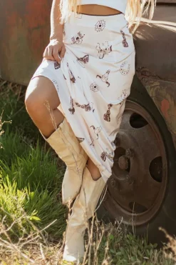 Outlet Dear-Lover Western Print Satin Long Skirt Beige