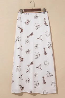Outlet Dear-Lover Western Print Satin Long Skirt Beige