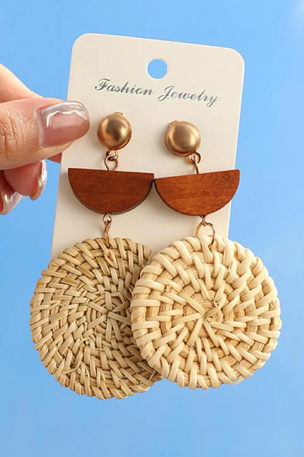 Discount Dear-Lover Wooden Woven Disc Dangle Earrings Beige