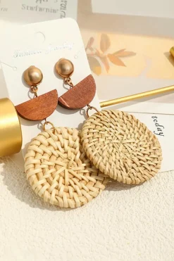Discount Dear-Lover Wooden Woven Disc Dangle Earrings Beige