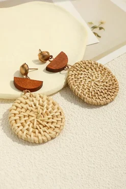 Discount Dear-Lover Wooden Woven Disc Dangle Earrings Beige