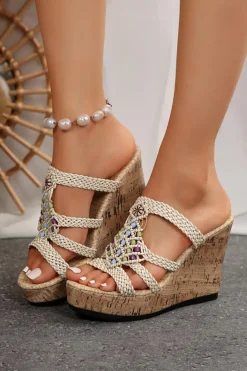 Sale Dear-Lover Woven Straps Beads Wedge Slippers Beige