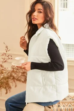 Hot Dear-Lover  Zipper Stand Neck Oversized Puffer Vest Beige