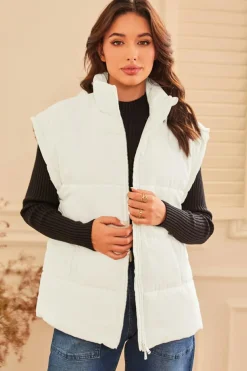 Hot Dear-Lover  Zipper Stand Neck Oversized Puffer Vest Beige