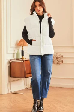 Hot Dear-Lover  Zipper Stand Neck Oversized Puffer Vest Beige