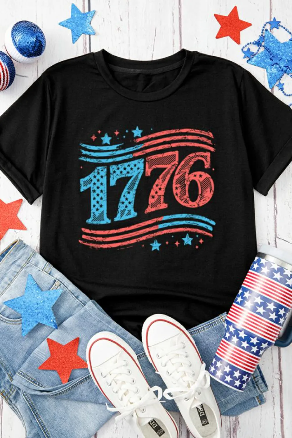 Online Dear-Lover 1776 American Flag Theme Print Crew Neck T Shirt Black
