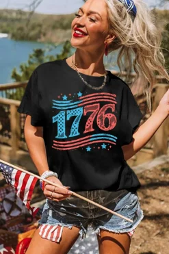 Online Dear-Lover 1776 American Flag Theme Print Crew Neck T Shirt Black