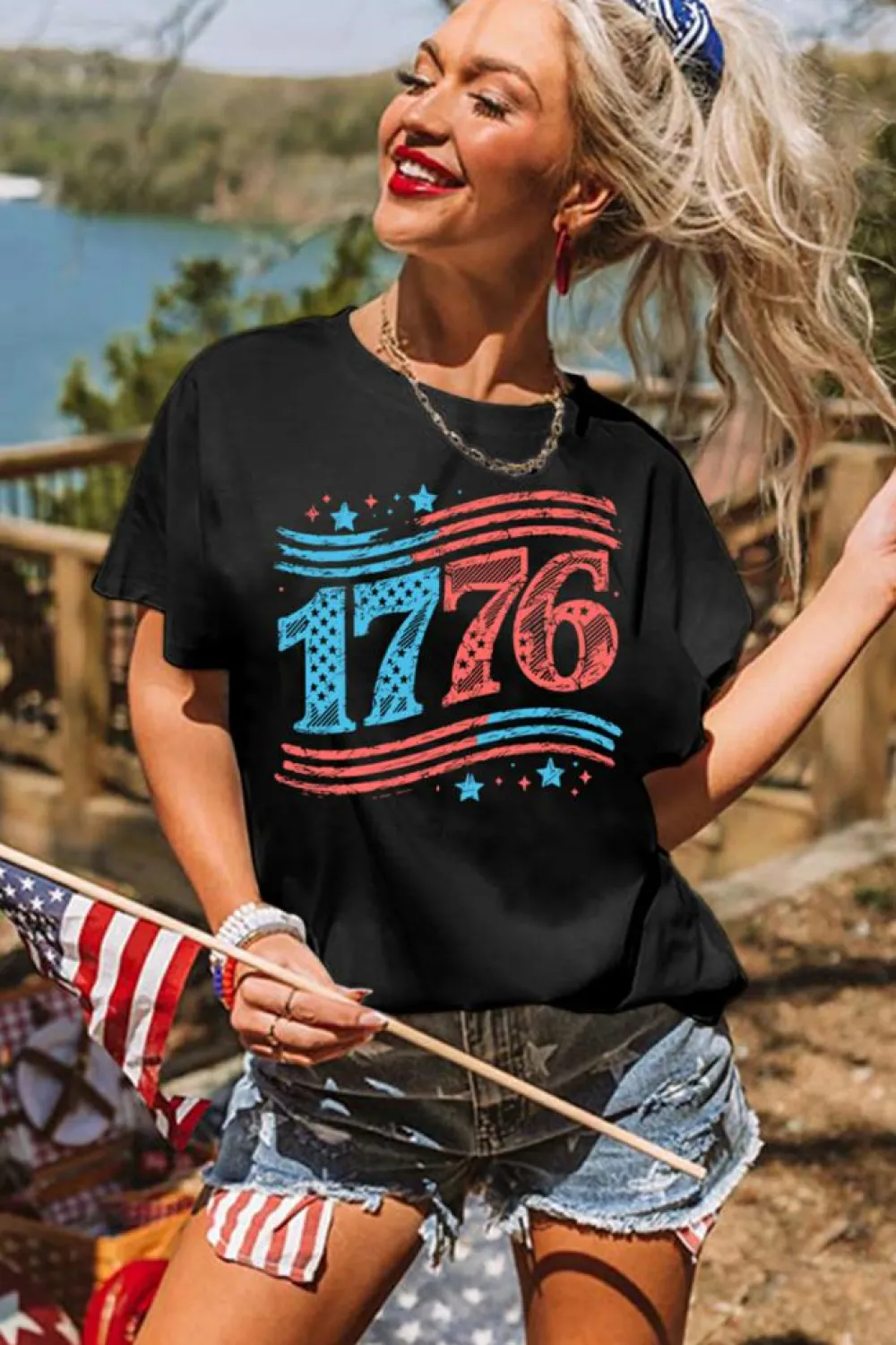 Online Dear-Lover 1776 American Flag Theme Print Crew Neck T Shirt Black