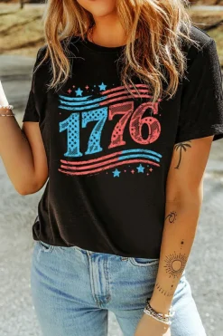 Online Dear-Lover 1776 American Flag Theme Print Crew Neck T Shirt Black