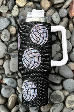 New Dear-Lover 40 Oz Rhinestone Volleyball Tumbler with Handle Black