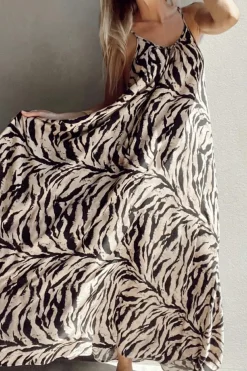 Clearance Dear-Lover Abstract Print Open Back Boho Loose Maxi Sundress Black