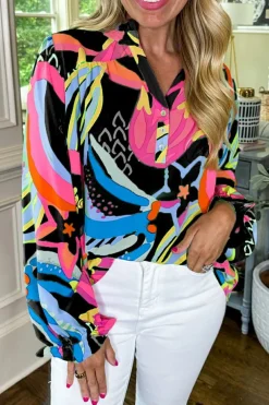 Clearance Dear-Lover Abstract Print Ruffled Sleeve Buttoned V Neck Blouse Black