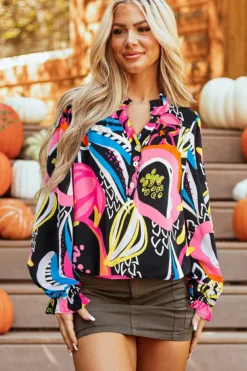 Clearance Dear-Lover Abstract Print Ruffled Sleeve Buttoned V Neck Blouse Black