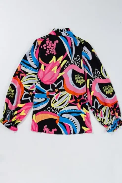 Clearance Dear-Lover Abstract Print Ruffled Sleeve Buttoned V Neck Blouse Black