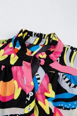 Clearance Dear-Lover Abstract Print Ruffled Sleeve Buttoned V Neck Blouse Black