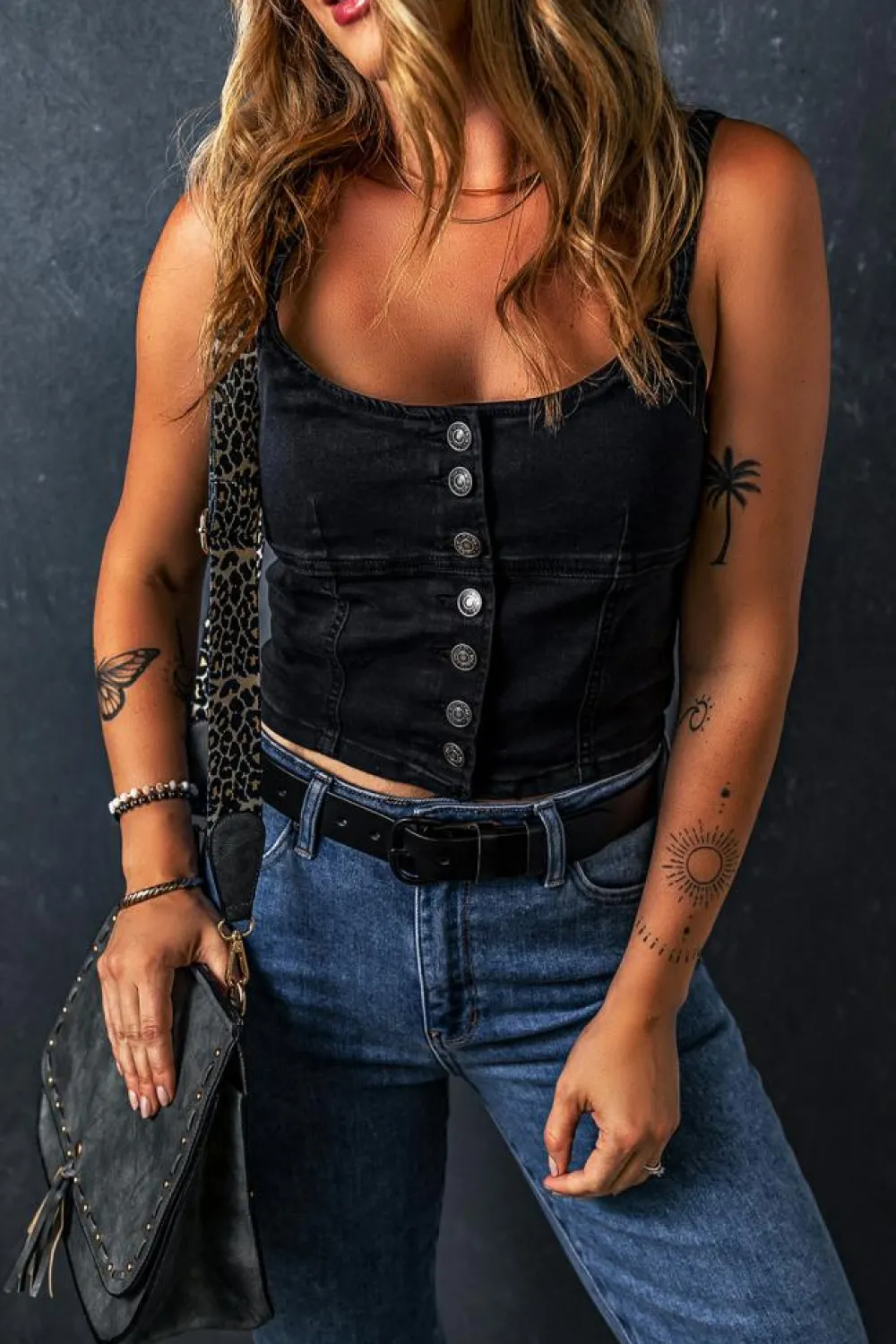 Outlet Dear-Lover Acid Wash Buttoned Cropped Slim Denim Tank Top Black