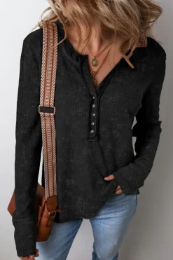 Fashion Dear-Lover Acid Wash Waffle Knit Buttoned Neckline Long Sleeve Top Black