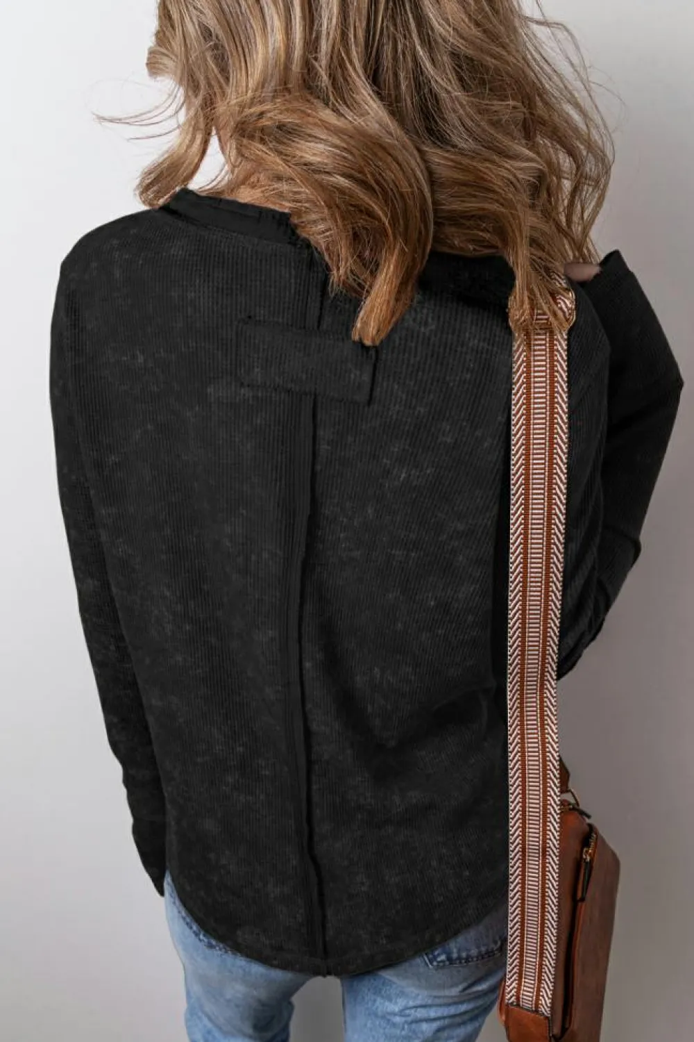 Fashion Dear-Lover Acid Wash Waffle Knit Buttoned Neckline Long Sleeve Top Black