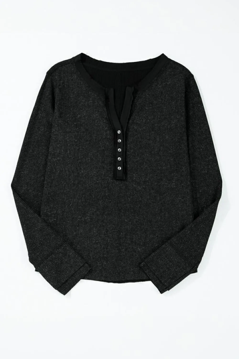 Fashion Dear-Lover Acid Wash Waffle Knit Buttoned Neckline Long Sleeve Top Black