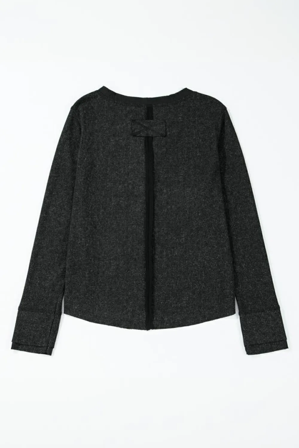 Fashion Dear-Lover Acid Wash Waffle Knit Buttoned Neckline Long Sleeve Top Black