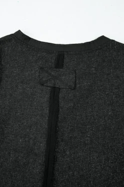 Fashion Dear-Lover Acid Wash Waffle Knit Buttoned Neckline Long Sleeve Top Black