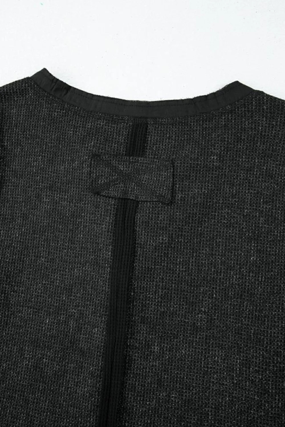 Fashion Dear-Lover Acid Wash Waffle Knit Buttoned Neckline Long Sleeve Top Black