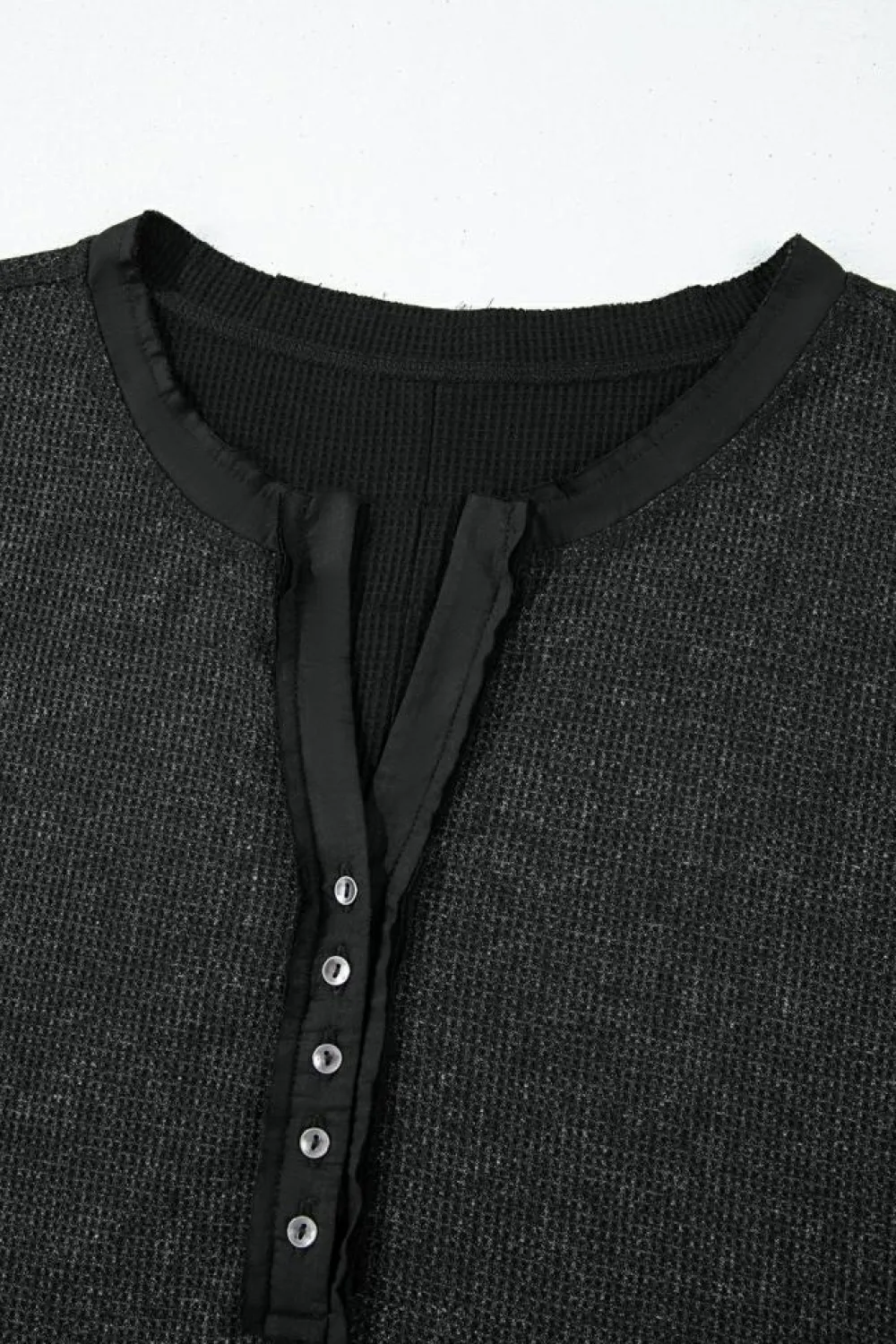 Fashion Dear-Lover Acid Wash Waffle Knit Buttoned Neckline Long Sleeve Top Black