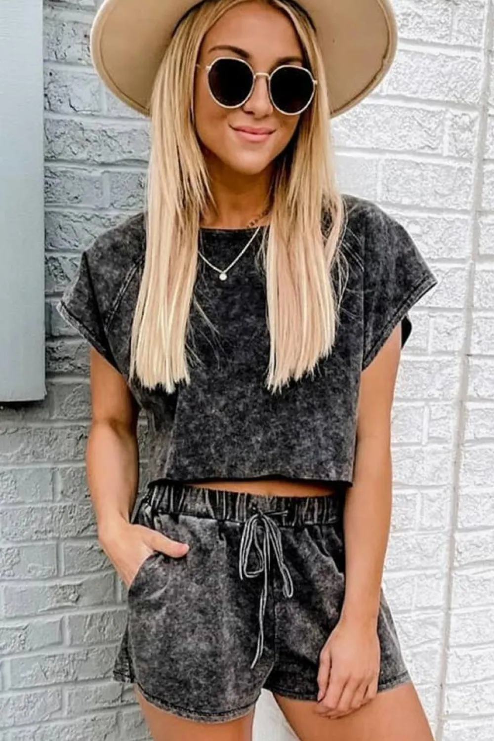 Discount Dear-Lover Acid Washed Short Lounge Set Black