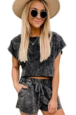 Discount Dear-Lover Acid Washed Short Lounge Set Black