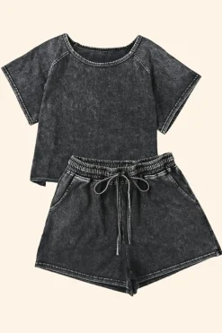 Discount Dear-Lover Acid Washed Short Lounge Set Black