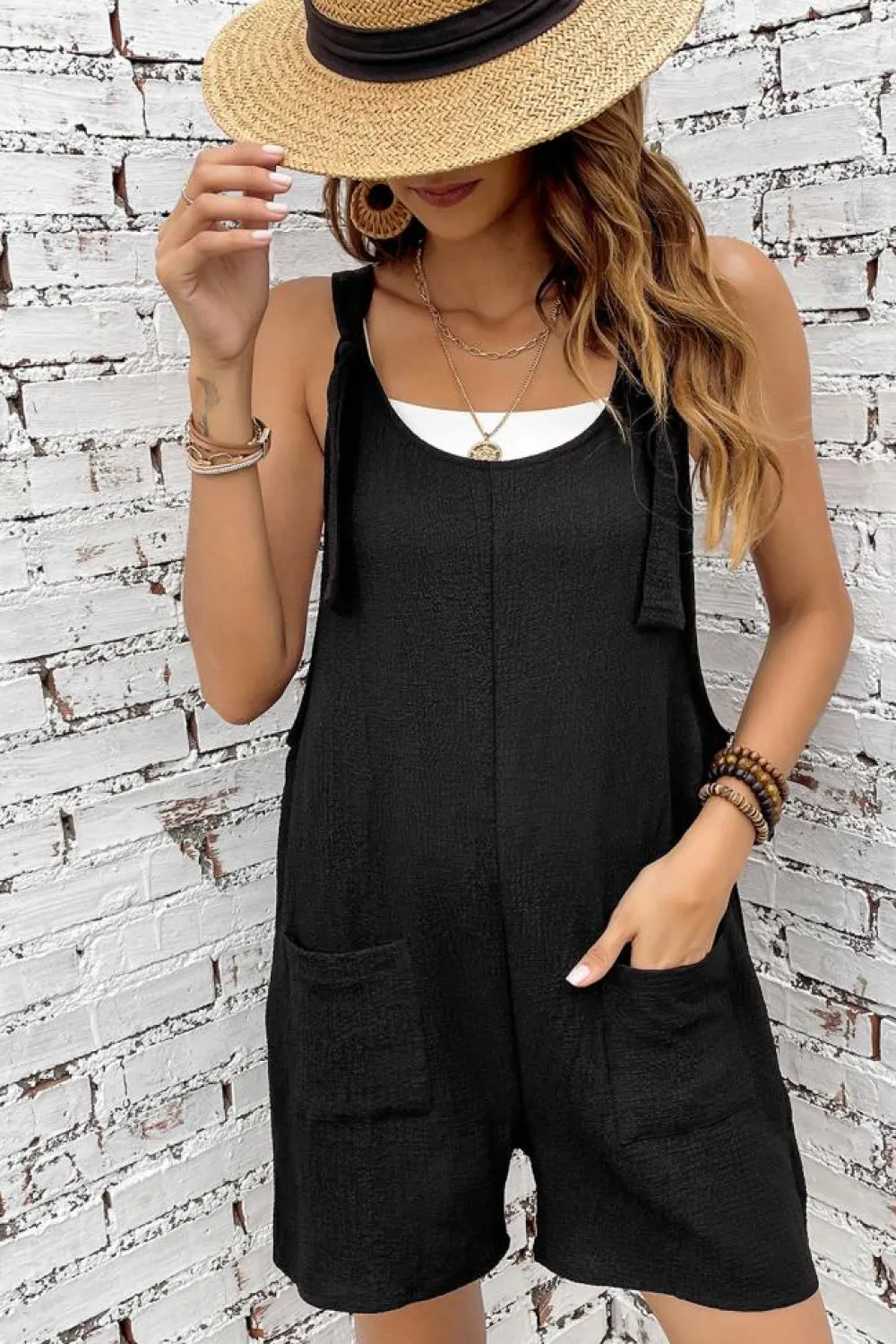 Outlet Dear-Lover Adjustable Straps Pocketed Textured Romper Black