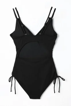 New Dear-Lover Adjustable Straps Ribbed Knit One Piece Swimsuit Black