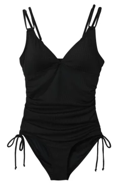 New Dear-Lover Adjustable Straps Ribbed Knit One Piece Swimsuit Black