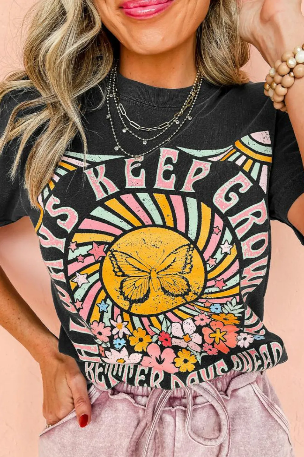 Best Dear-Lover Always Keep Growing Butterfly Flower Crewneck Graphic Tee Black
