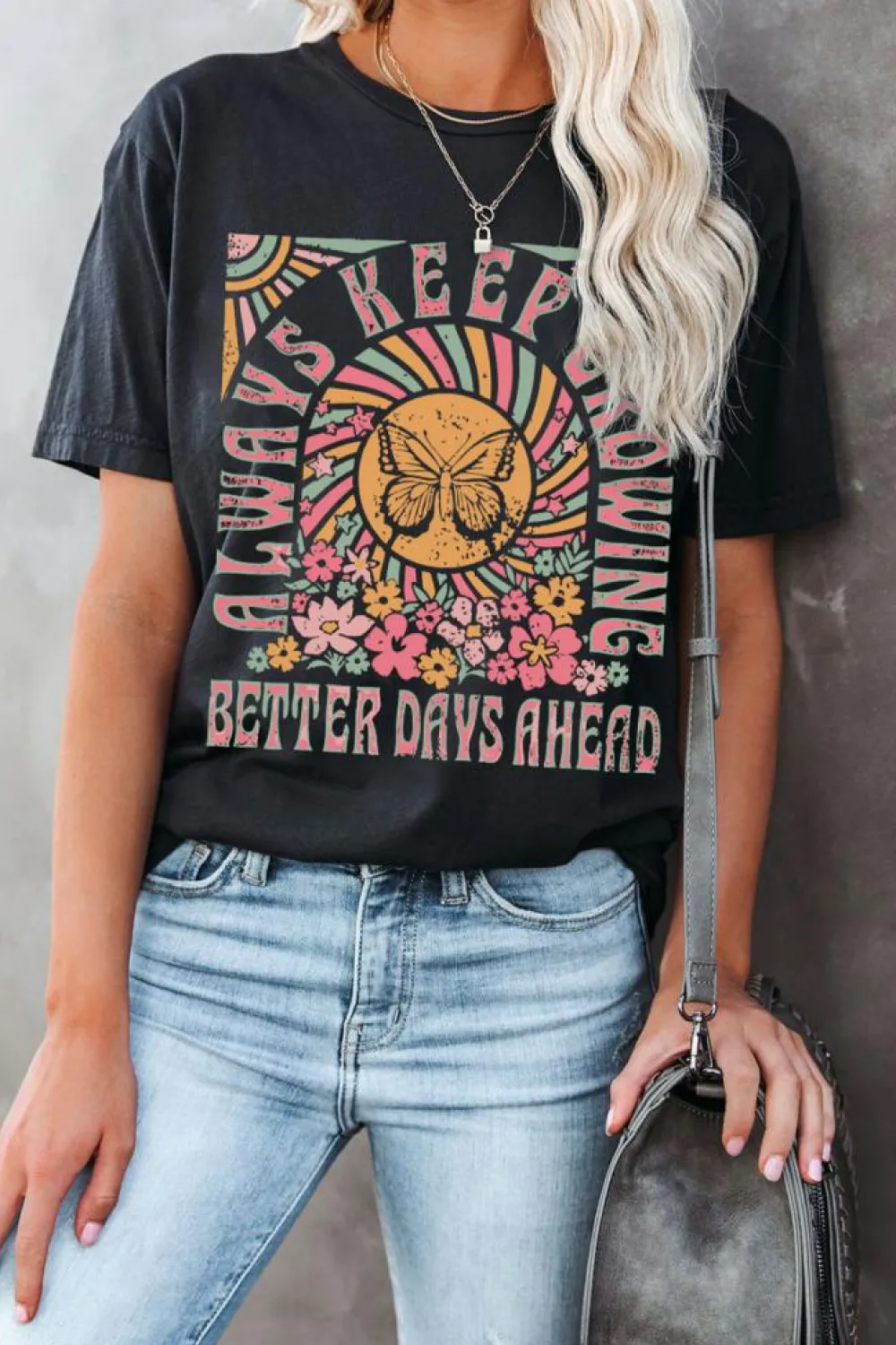 Best Dear-Lover Always Keep Growing Butterfly Flower Crewneck Graphic Tee Black