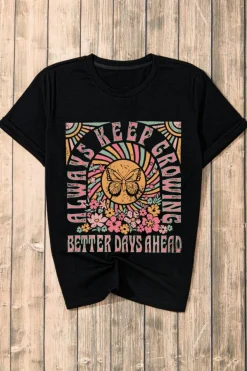 Best Dear-Lover Always Keep Growing Butterfly Flower Crewneck Graphic Tee Black