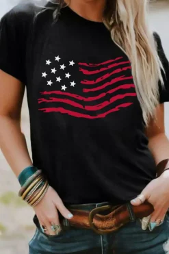 Discount Dear-Lover American Flag Graphic Crew Neck T Shirt Black