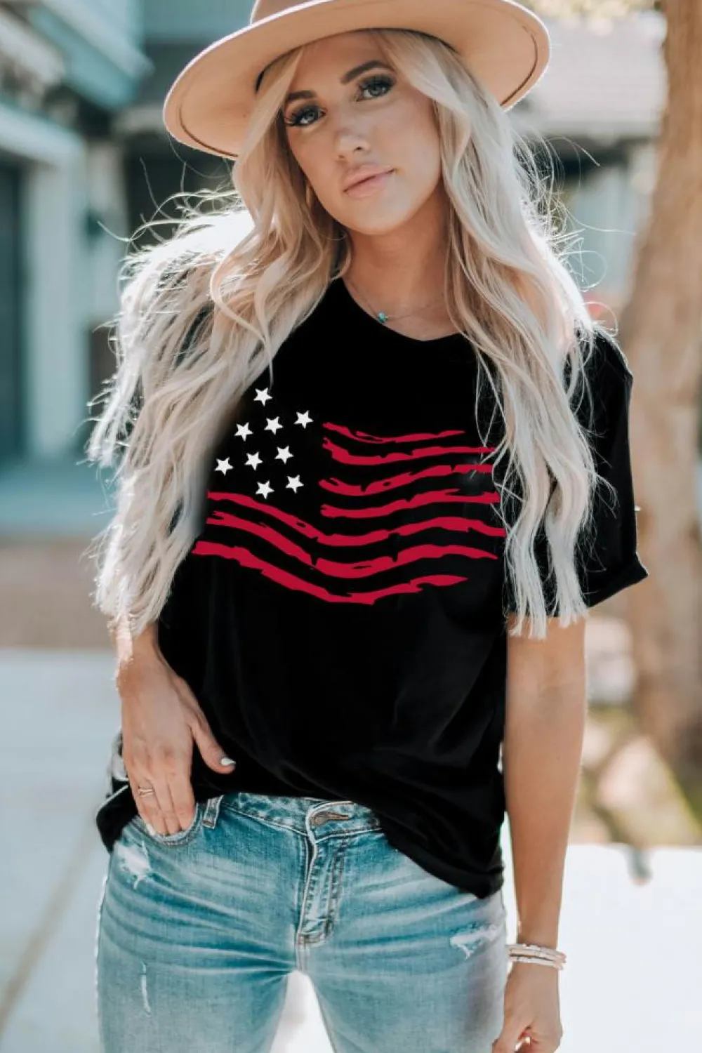 Discount Dear-Lover American Flag Graphic Crew Neck T Shirt Black