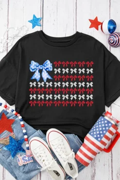 Hot Dear-Lover American Flag Inspired Bow Graphic Drop Shoulder T Shirt Black