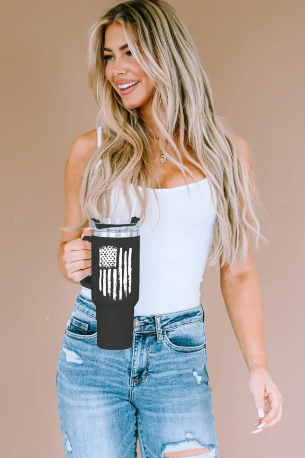 Online Dear-Lover American Flag Print Stainless Steel Portable Cup with Handle 40oz Black