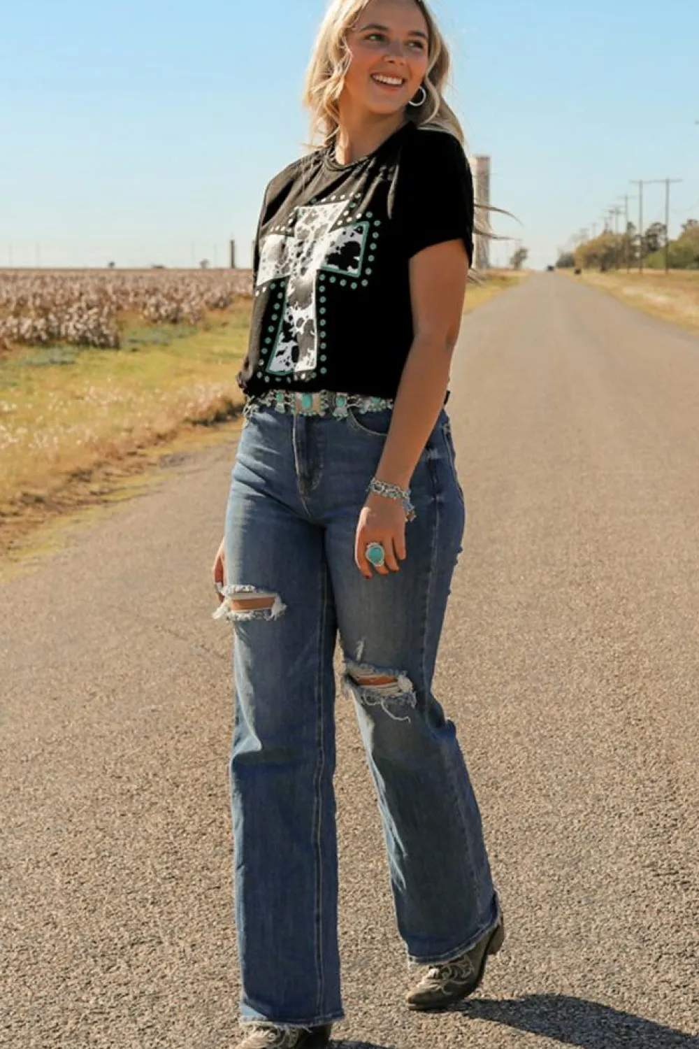Hot Dear-Lover Animal Print Cross Graphic Tee Black