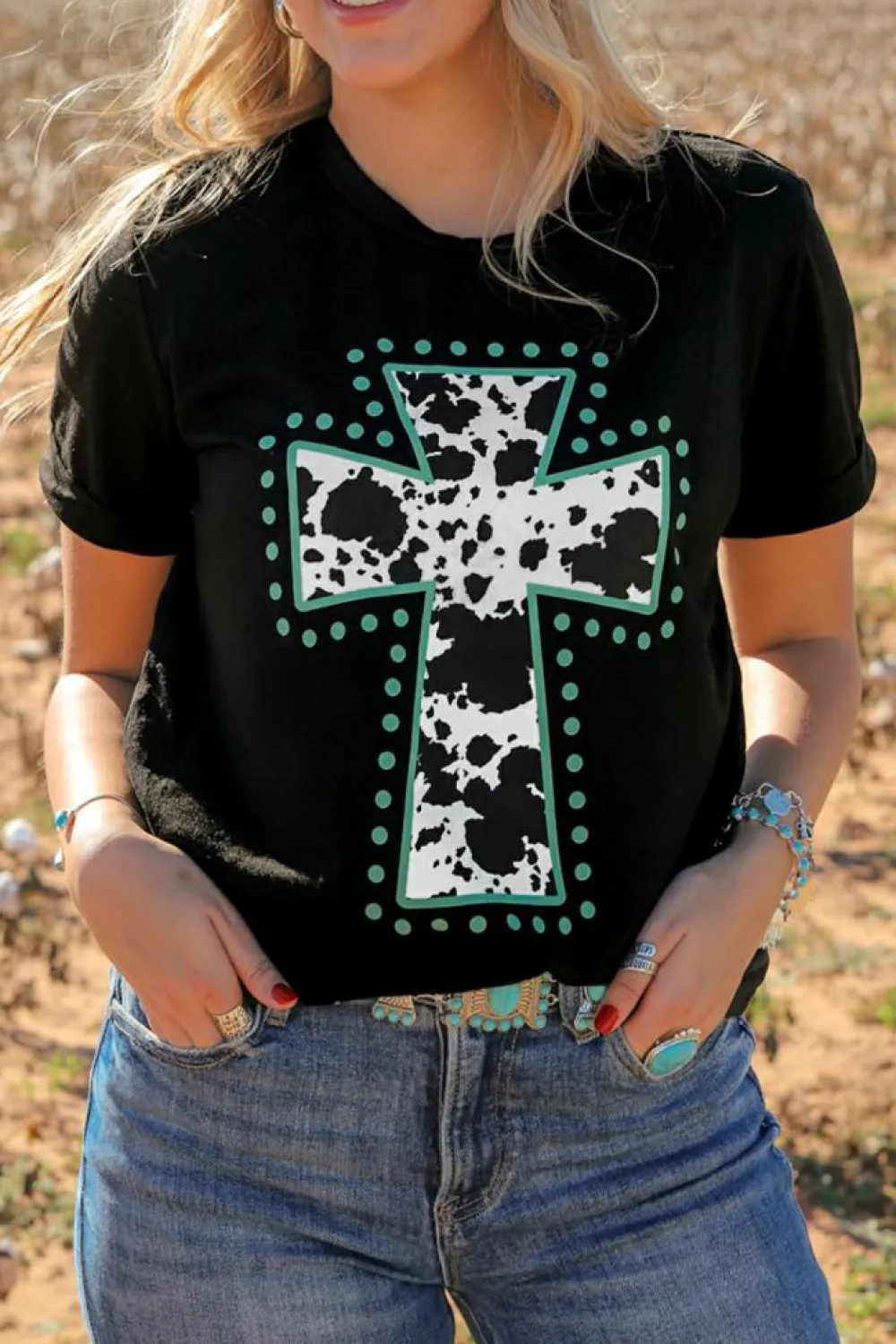 Hot Dear-Lover Animal Print Cross Graphic Tee Black