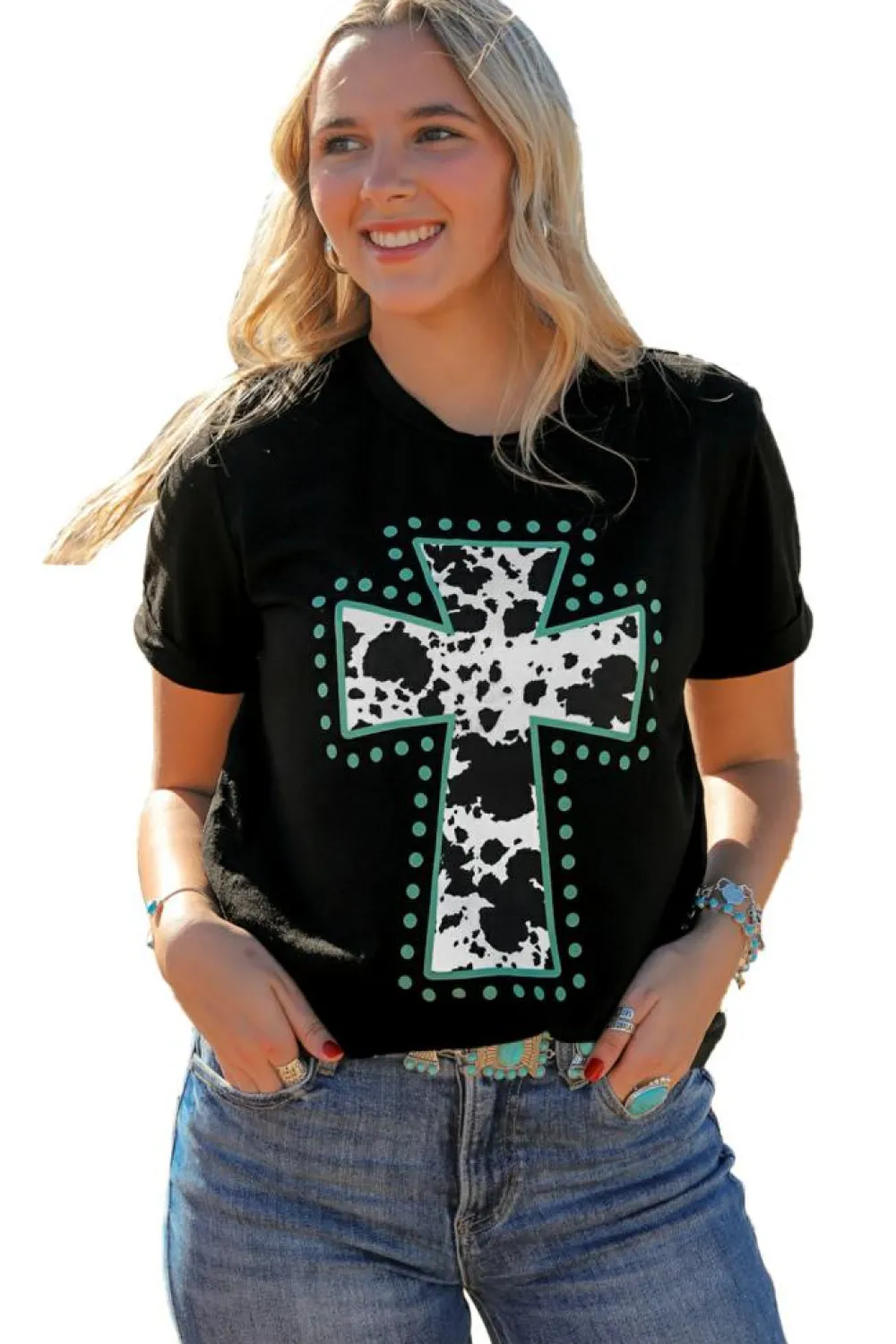 Hot Dear-Lover Animal Print Cross Graphic Tee Black