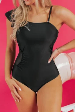 Online Dear-Lover Asymmetric Ruffle Shoulder Pleated One Piece Swimsuit Black