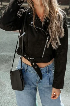Online Dear-Lover Asymmetric Zipper Belted Hem Jacket Black