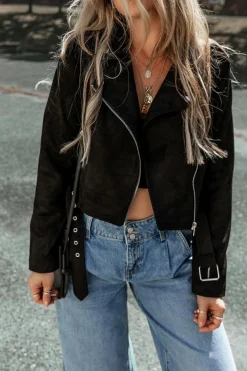 Online Dear-Lover Asymmetric Zipper Belted Hem Jacket Black